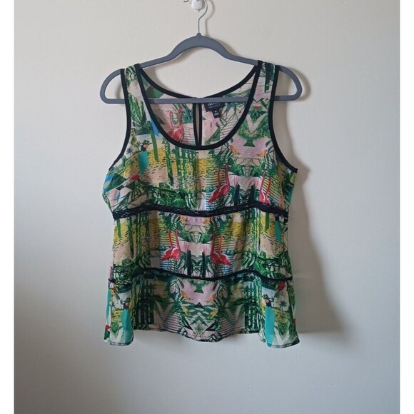 Nicole Miller Sheer Tank Top Tropical Colorful Keyhole Green Orange Size M - Picture 1 of 7